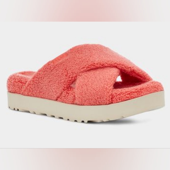 Ugg Fuzz Sugar Terry Cross Slide Sandals Peach Bliss - Picture 3 of 7